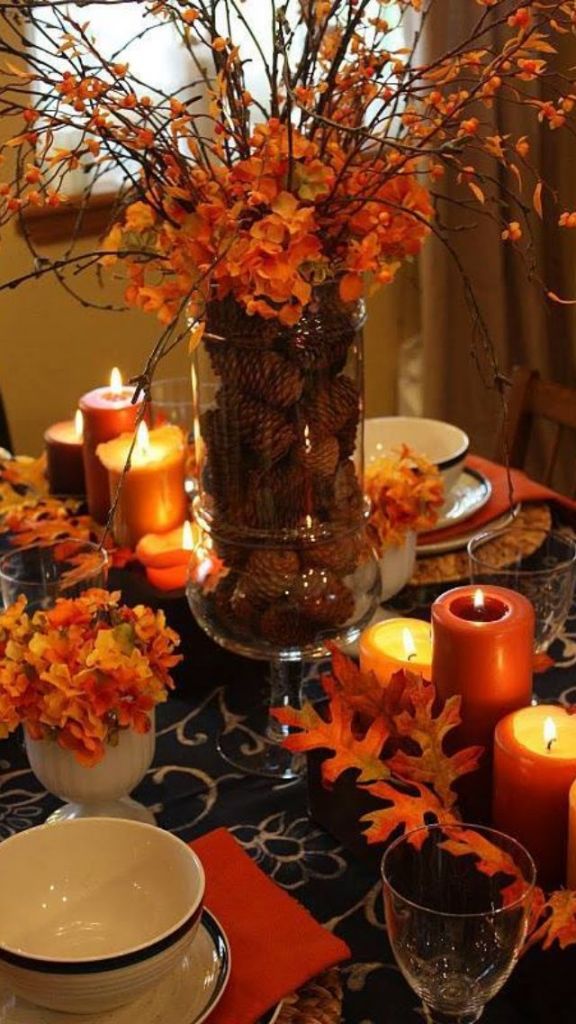 orange silk floral and pine cone fall wedding centerpieces