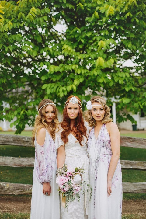 pastel printed boho bridesmaid gowns