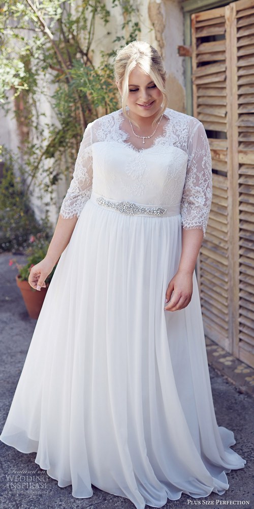 plus size perfection bridal 2016 3 quarter sleeves sweetheart illusion v neck lace bodice a line wedding dress