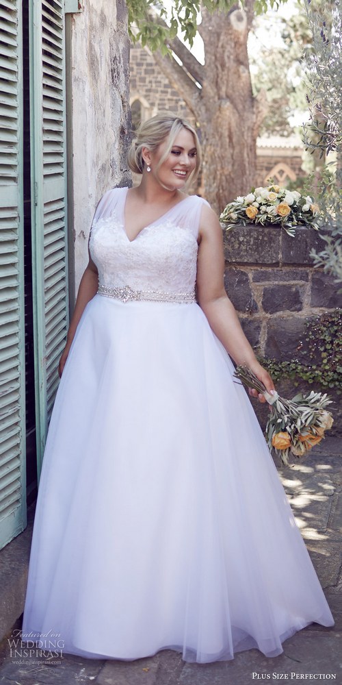 plus size perfection bridal 2016 sleeveles thick straps vneck lace bodice a line wedding dress