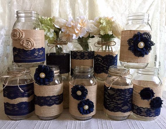 rustic burlap and navy blue lace covered mason jar vases wedding decoration