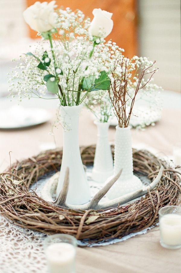 rustic country antlers and baby's breath wedding decor centerpiece