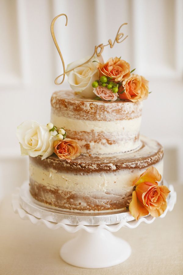rustic ideas for wedding - naked wedding cake with coral roses