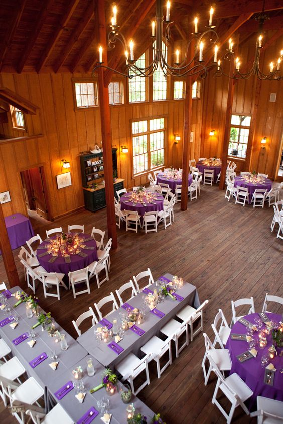 rustic purple barn wedding reception table setting ideas