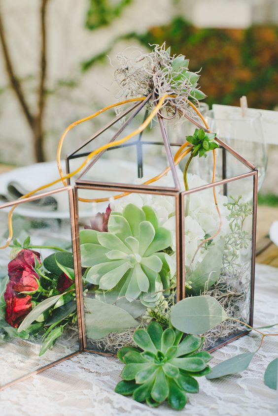 rustic succulent geometric lantern wedding centerpiece