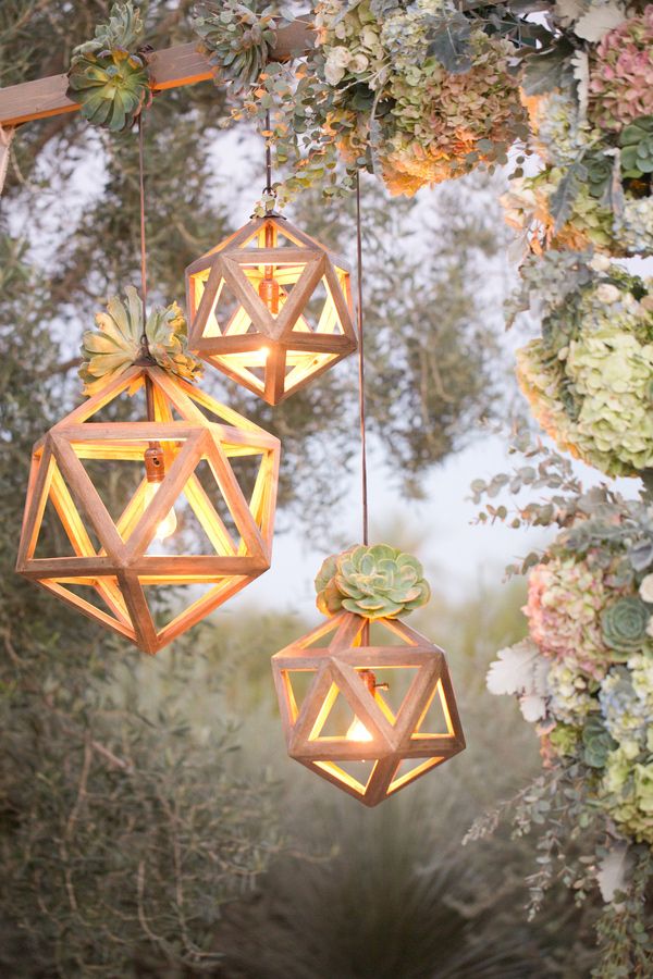 rustic wedding decor ideas -wooden and succlent hanging lanterns