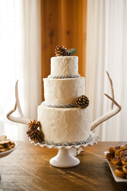 rustic winter wedding cake with antler