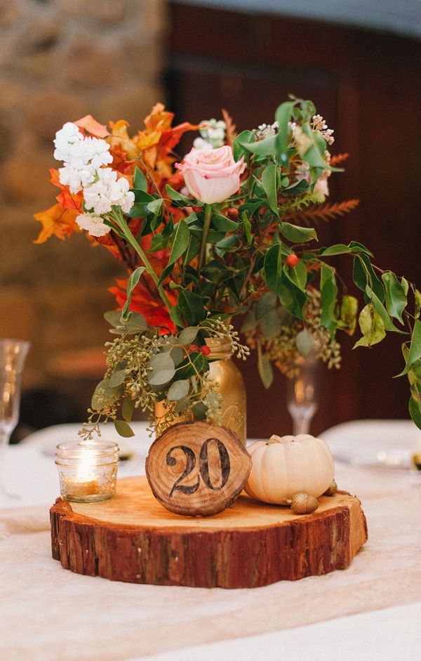 rustic wood wedding centerpiece for fall