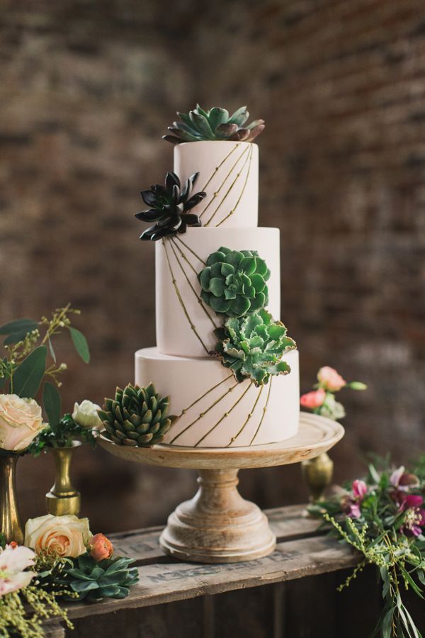 succulent wedding cake with lines for rustic wedding