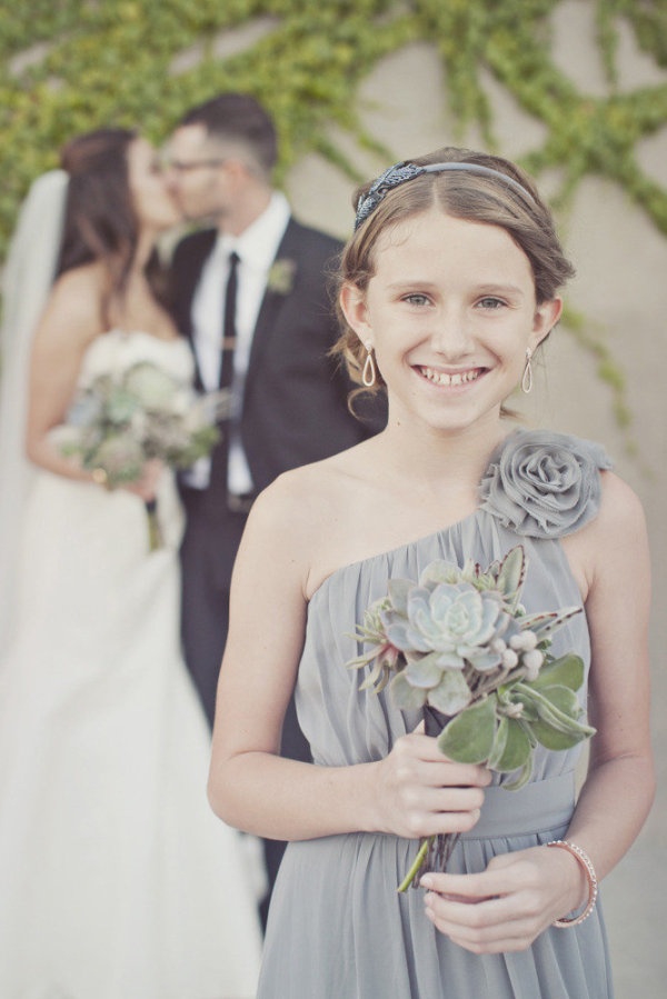 sweet Jr. Bridesmaid dress and succulent bouquetr