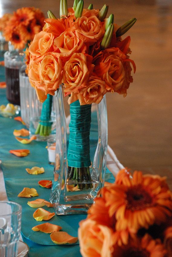 table decoration wedding reception orange and blue photography