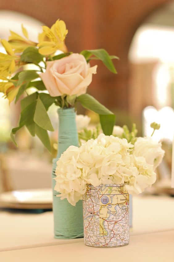 vinatge map over mason jar wedding centerpiece