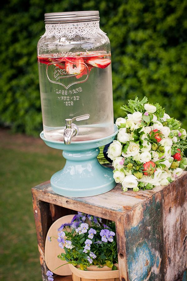 vintage drink dispenser for rustic lace wedding