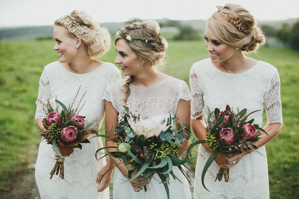 whimsical hairstyles for these lovely boho bohemian bridesmaids in mismatched white lace dresses