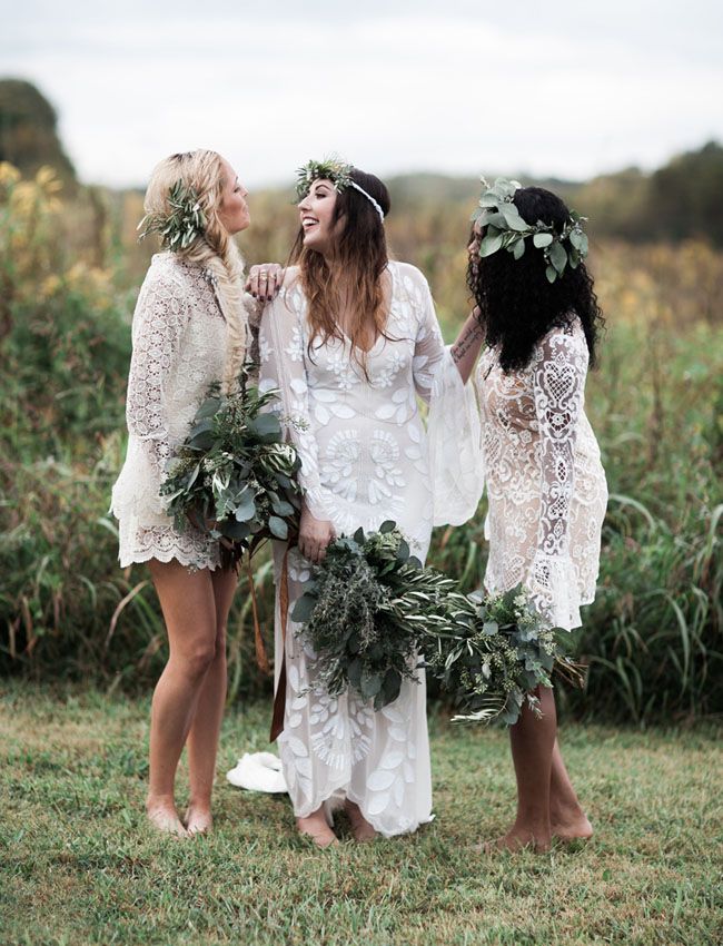 white boho bridesmaid dresses