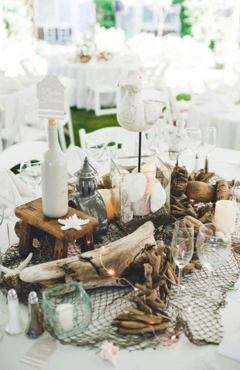 white vintage beach wedding centerpiece ideas with driftwood