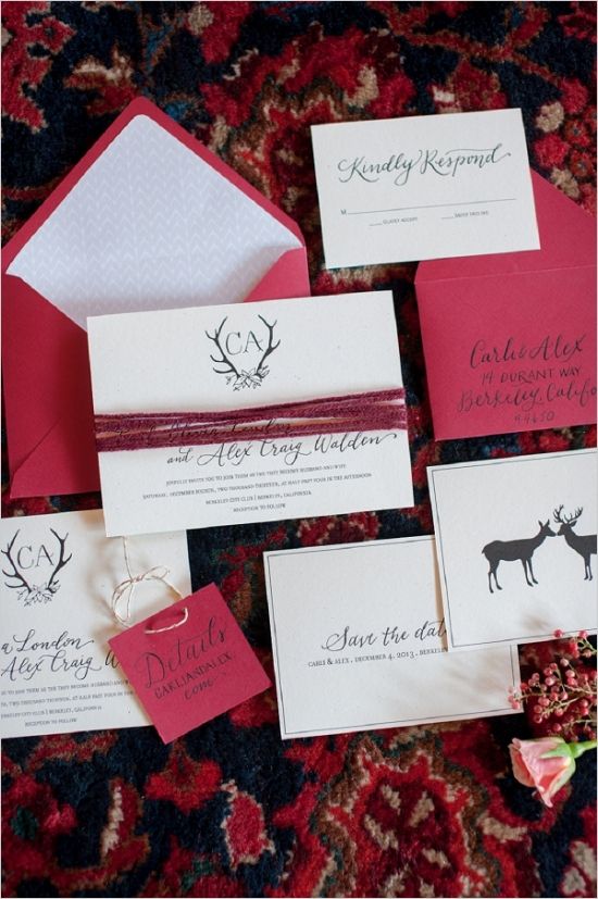 winter deer antler wedding invitations