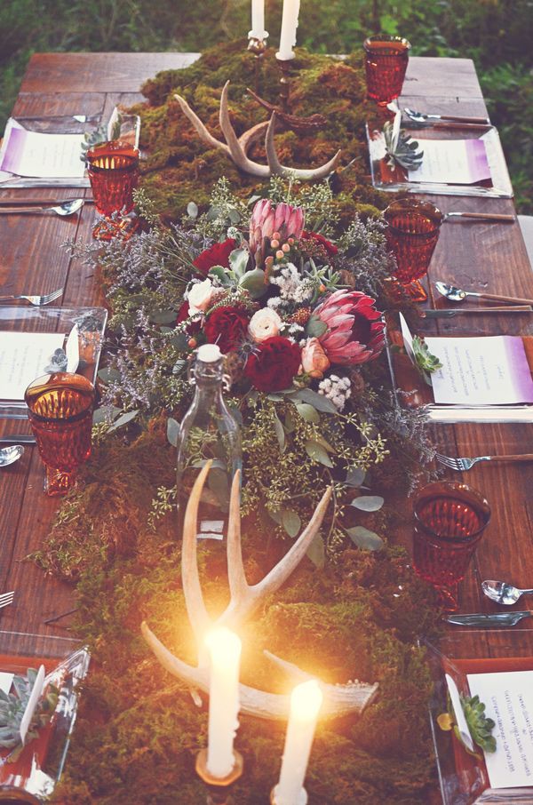 woodland Bohemian Wedding Ideas-woodland and antler wedding tablescape