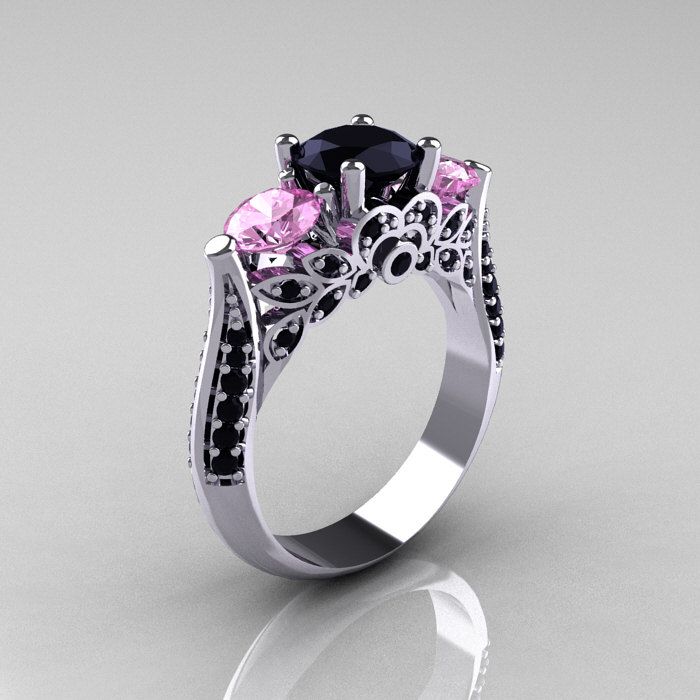 14K White Gold Three Stone Light Pink Sapphire Black Diamond Engagement Solitaire Ring