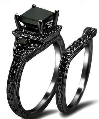 2.01ct Black Princess Cut Diamond Engagement Ring Wedding Set