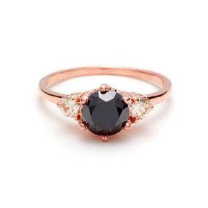 3 Stone Hazeline Black Diamond engagement 14k gold ring
