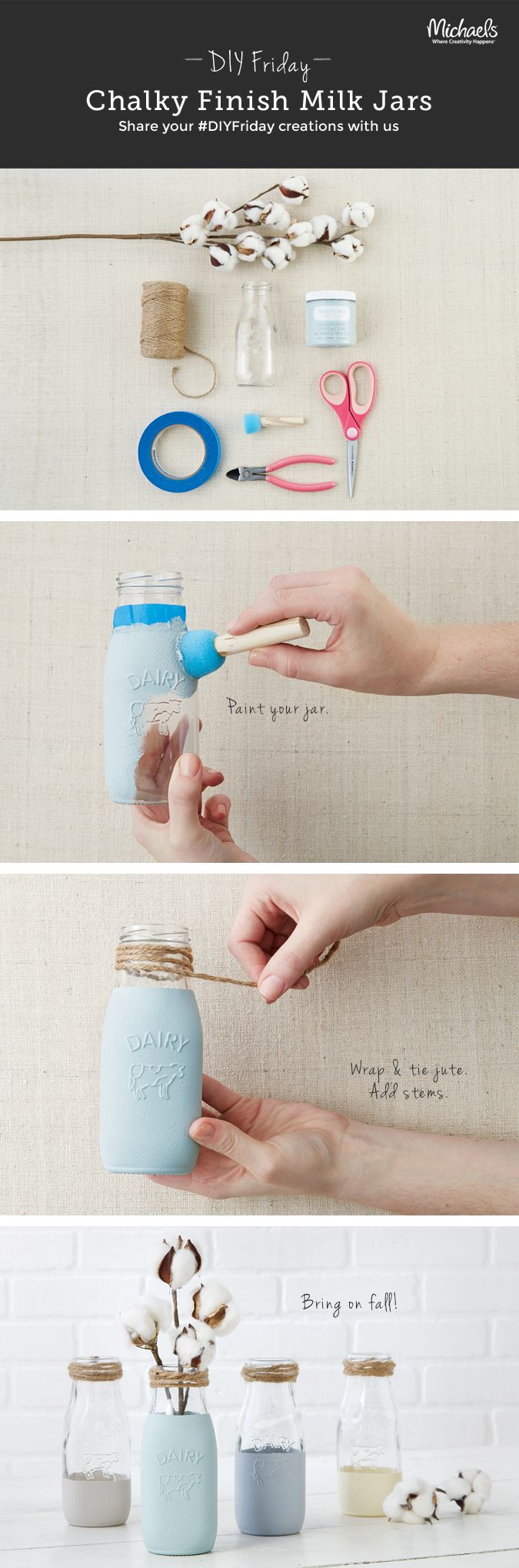 3 easy steps to kick start your fall décor with these jute wrapped chalk painted milk bottles
