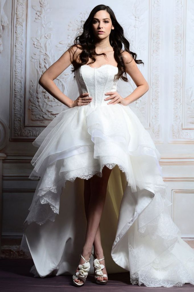 A-Line White Organza Lace High Low Wedding Dress