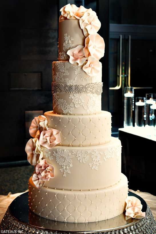 Alencon Lace Wedding Cake with Beads and Sugar Flowers