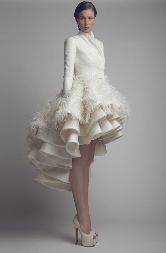 Ashi Studio Hi-low wedding dress with feathers and long sleeves
