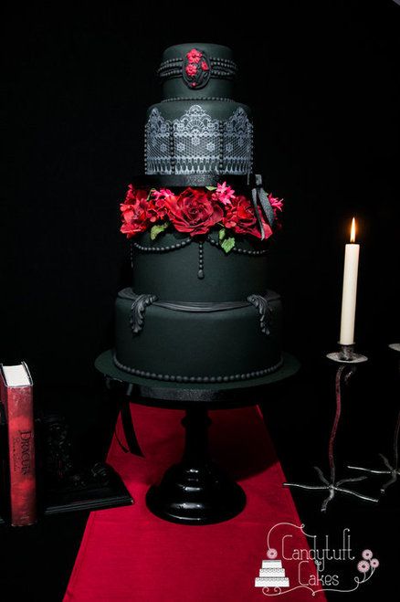 Black and Red Gothic Elegance Lace Wedding Cake