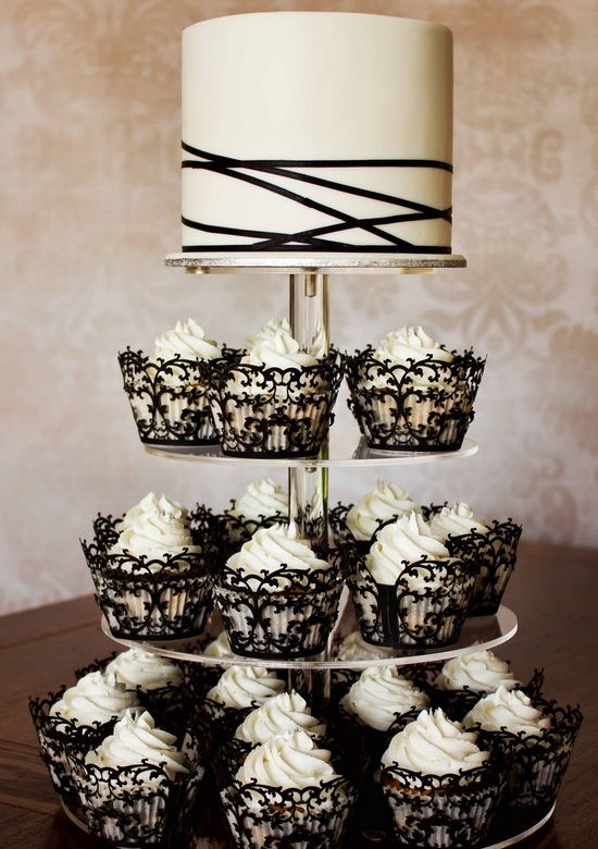 Black and White Ribbon and Lace Wedding Cake and Cupcakes