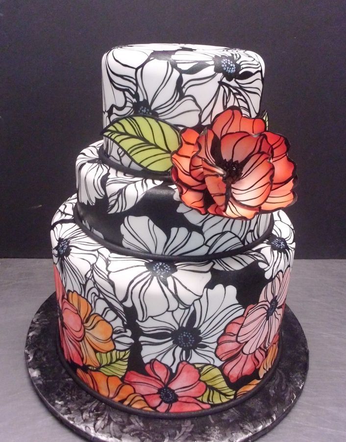 Black and white anemones printed wedding cake