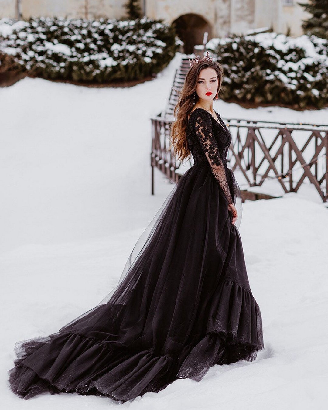 Black gothic open back 3d floral lace tulle train wedding dress