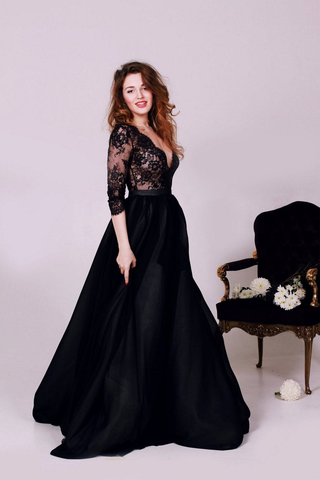 Black lace deep V-neck wedding dress with 3 4 sleeves