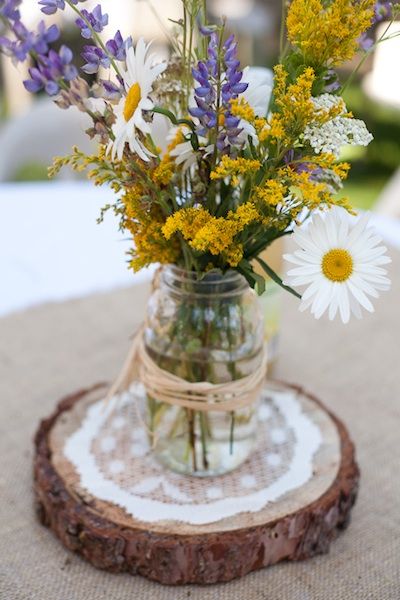 Boho Wildflowers Wedding Flowers in Mason Jar Wedding Centerpiece