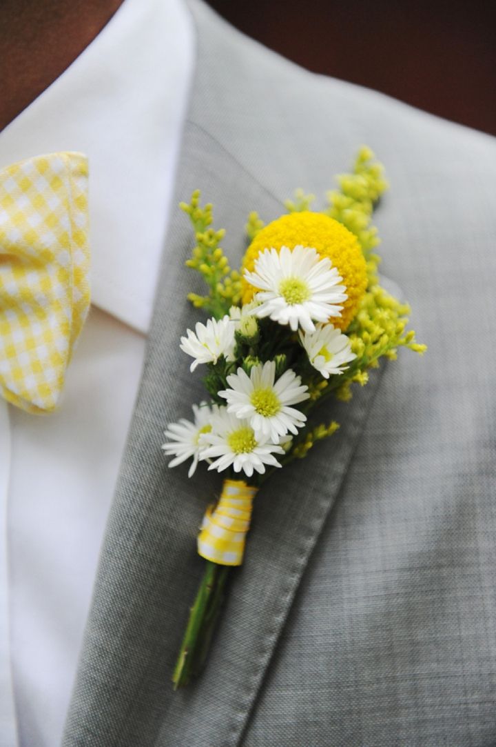 Bright Yellow and Gray Billy Balls Wedding Boutonnieres