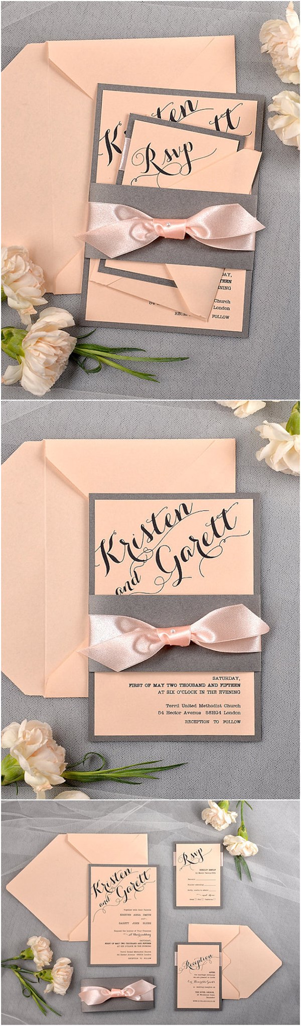 Calligraphy Vintage Grey and Peach Wedding Invitation Ideas