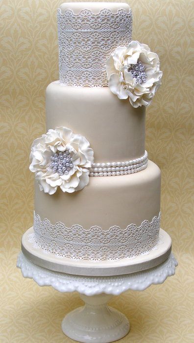 Champagne Lace Wedding Cake with Pearls and Sugar Flowers