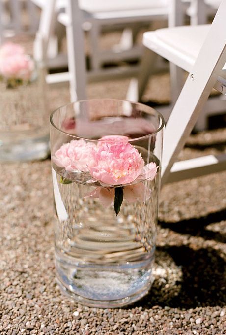 Clear glass cylinders with floating pink peonies beach wedding aisle decor