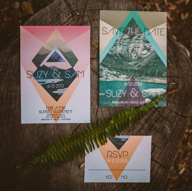 Colorful geometric wedding invites and save the dates from love vs design