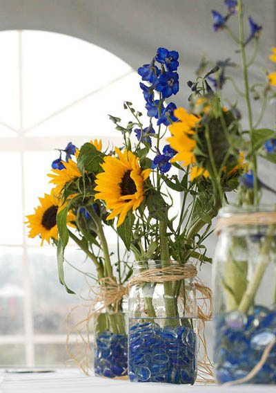DIY Sunflower in Mason Jar Wedding Reception Centerpieces