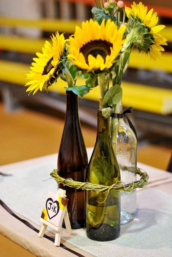 DIY Wedding Ideas-Sunflowers in Wine Bottle Centerpieces