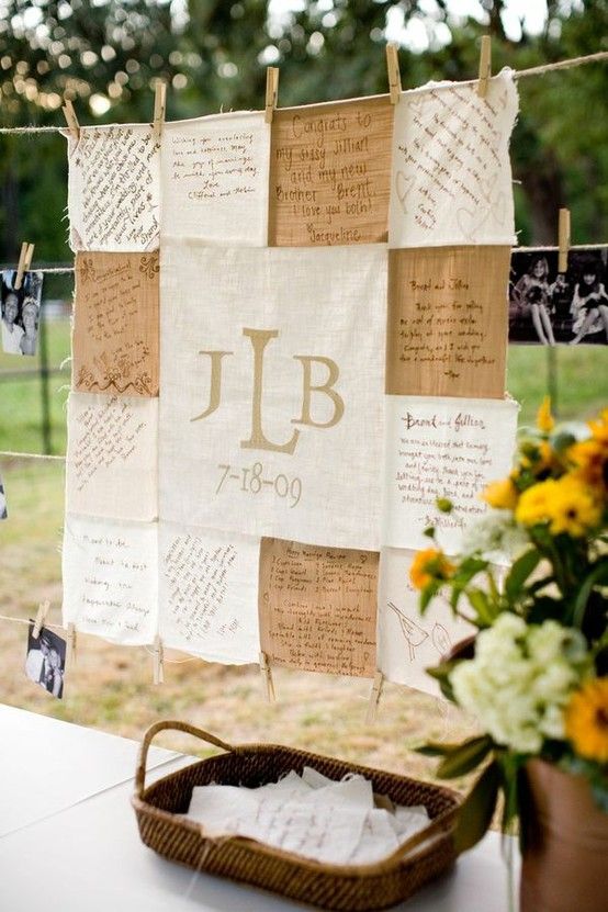 DIY Wedding Quilt squares are put in a basket and guests are asked to write well wishes
