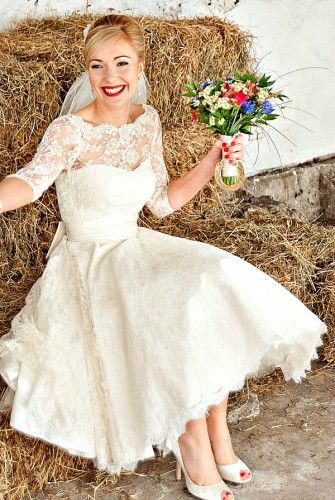 Dana Bolton tea length lace wedding gown with sleeves