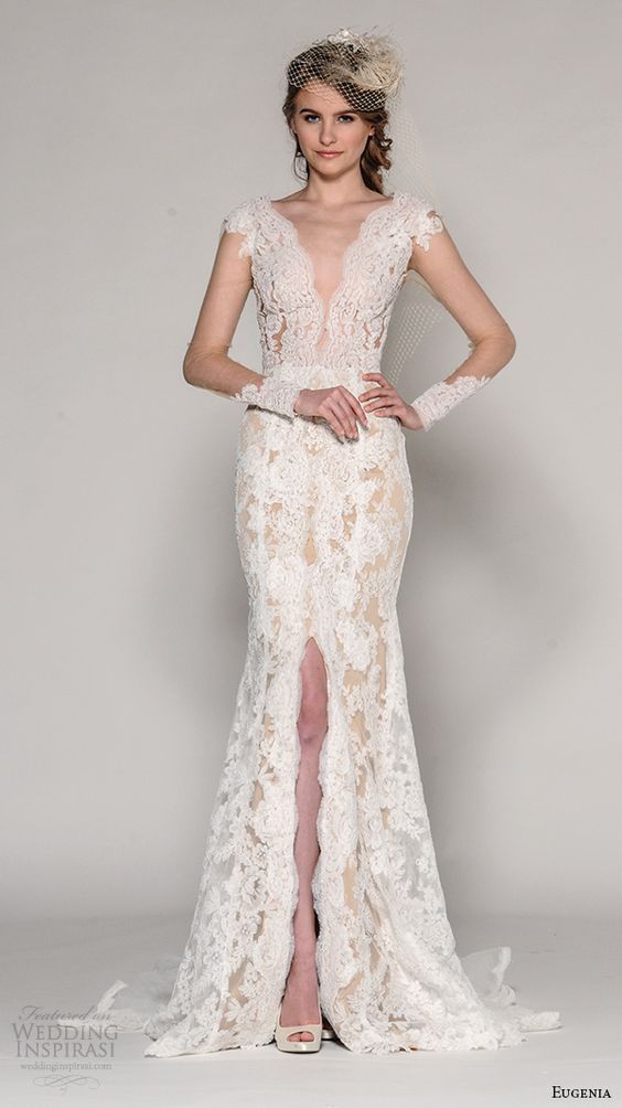 EUGENIA COUTURE Fall 2016 bridal cap sleeves deep plunging v neck illusion sleeves lace embroidered