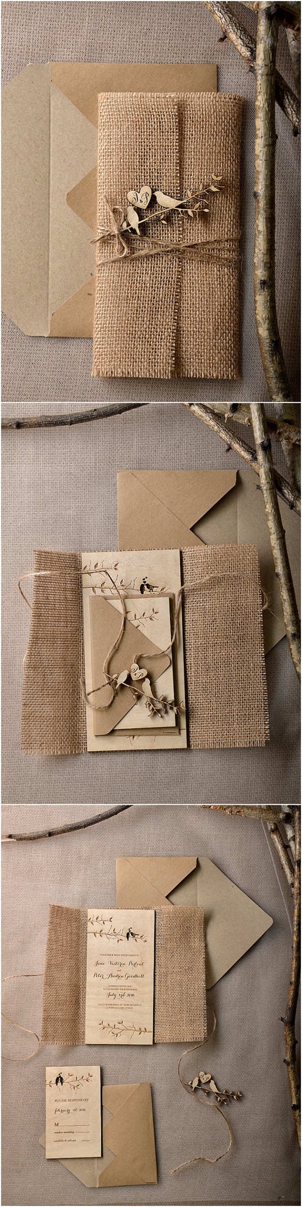 Eco Burlap Rustic Country Laser cut Wood Wedding Invitation Suite