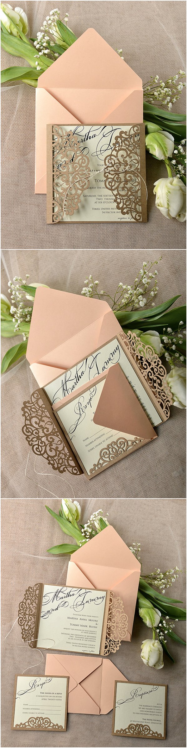 Eco Peach Rustic Laser Cut Wedding Invitation Cards