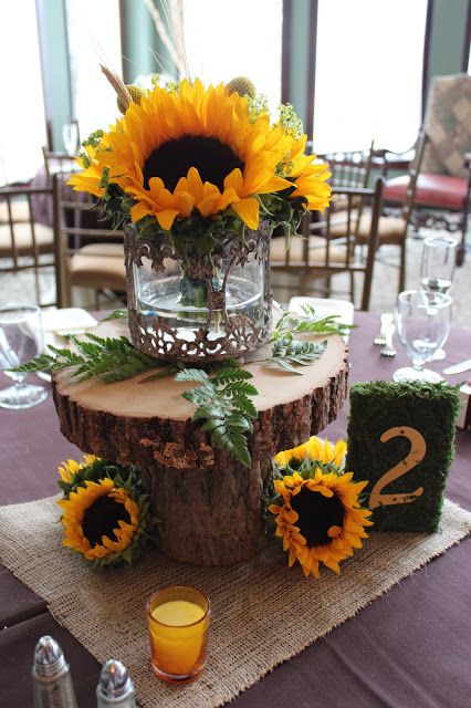 Fall Sunflower Wedding Centerpieces with Wood Base