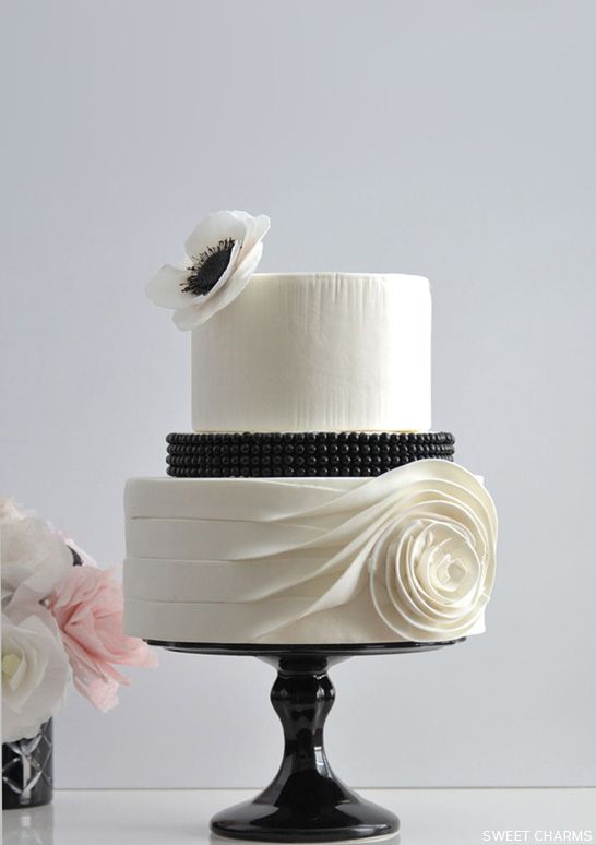 Flowing Rose Black and White Wedding Cake by Sweet Charms