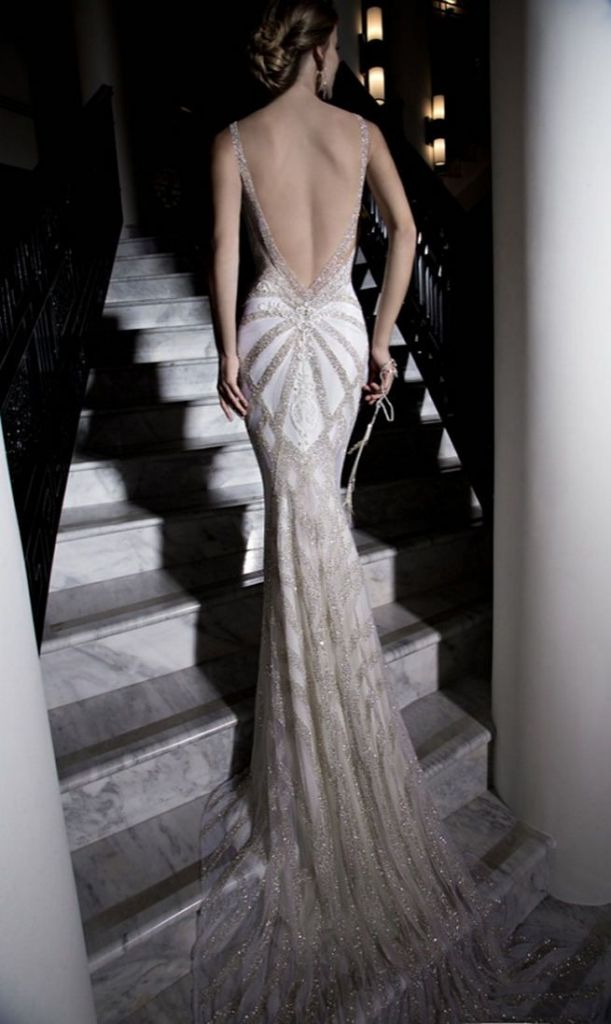 Galia Lahav's backless Katharina Wedding Dress is entirely embroidered in silver glass beads with an art deco geometric pattern